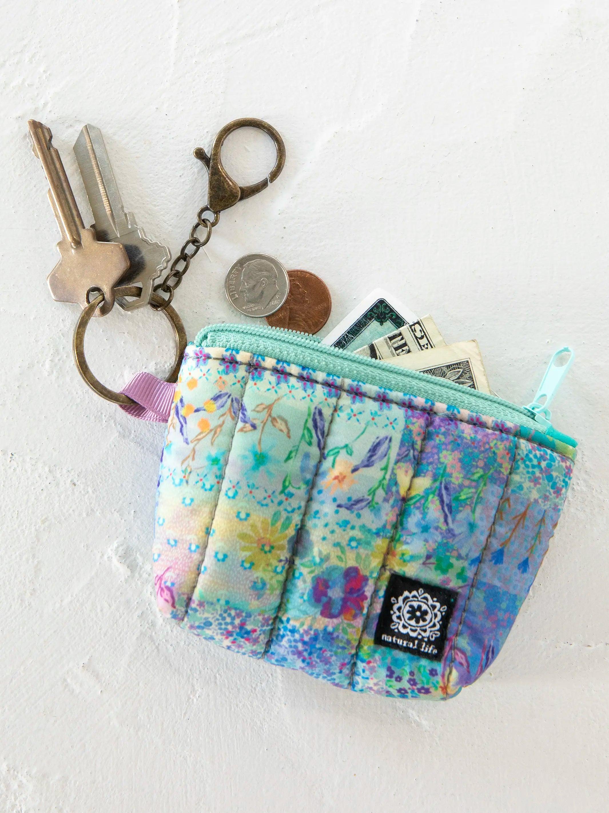 Mini Puffy Coin Purse Key Clip - Blue Watercolor Patchwork Product Image