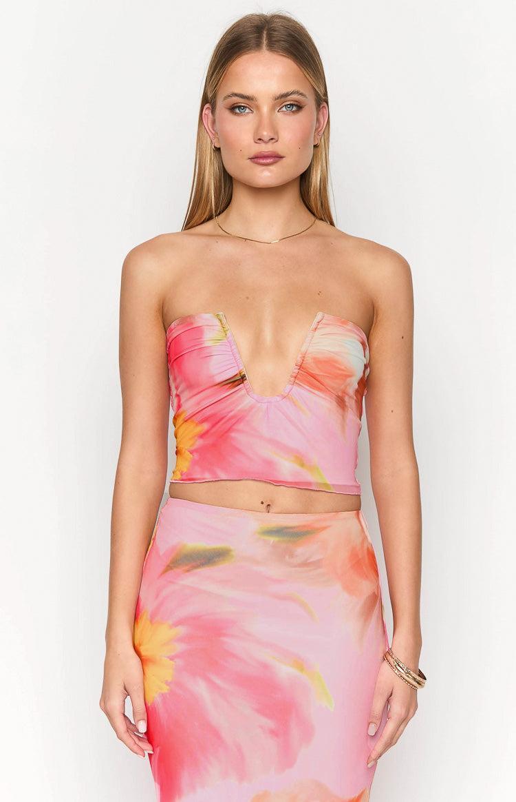 Esha Pink Floral Strapless Crop Top Product Image