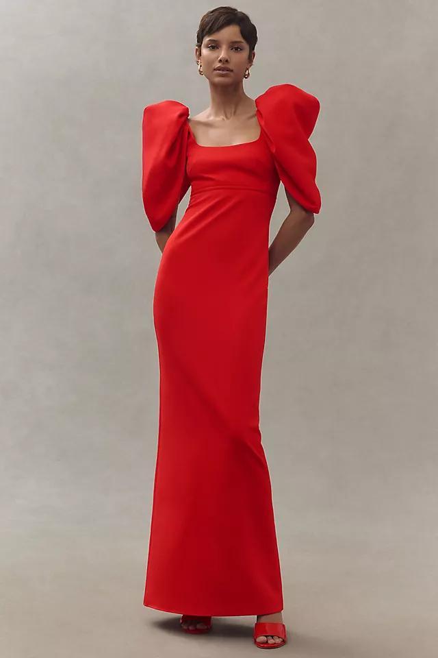 Mac Duggal Puff-Sleeve Scoop-Neck Column Crepe Maxi Dress Product Image