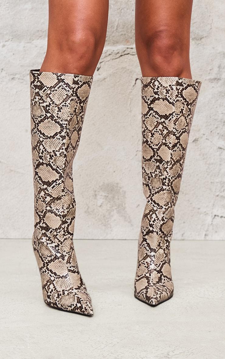 Snake PU Point Toe Stiletto Knee High Heeled Boots Product Image