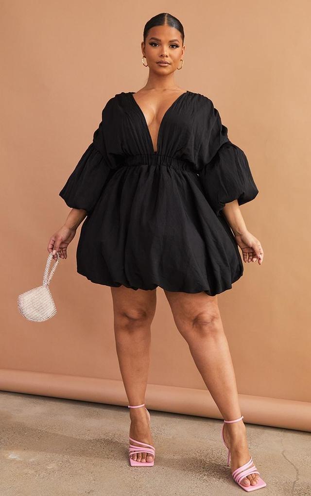 Plus Black Puff Sleeve Puffball Hem Dress Product Image