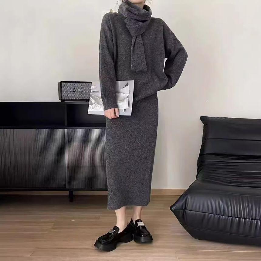 Set: Sweater + Scarf + Elastic Waist Midi Pencil Knit Skirt Product Image