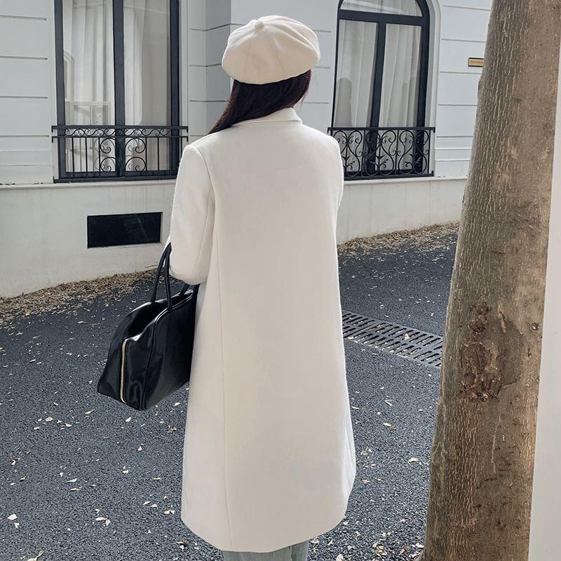 Plus Size Notch Lapel Plain Double-Breasted Long Coat Product Image