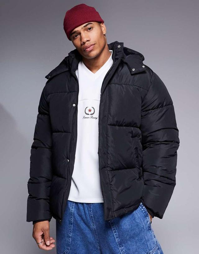 ASOS DESIGN puffer jacket with detachable hood in black Product Image