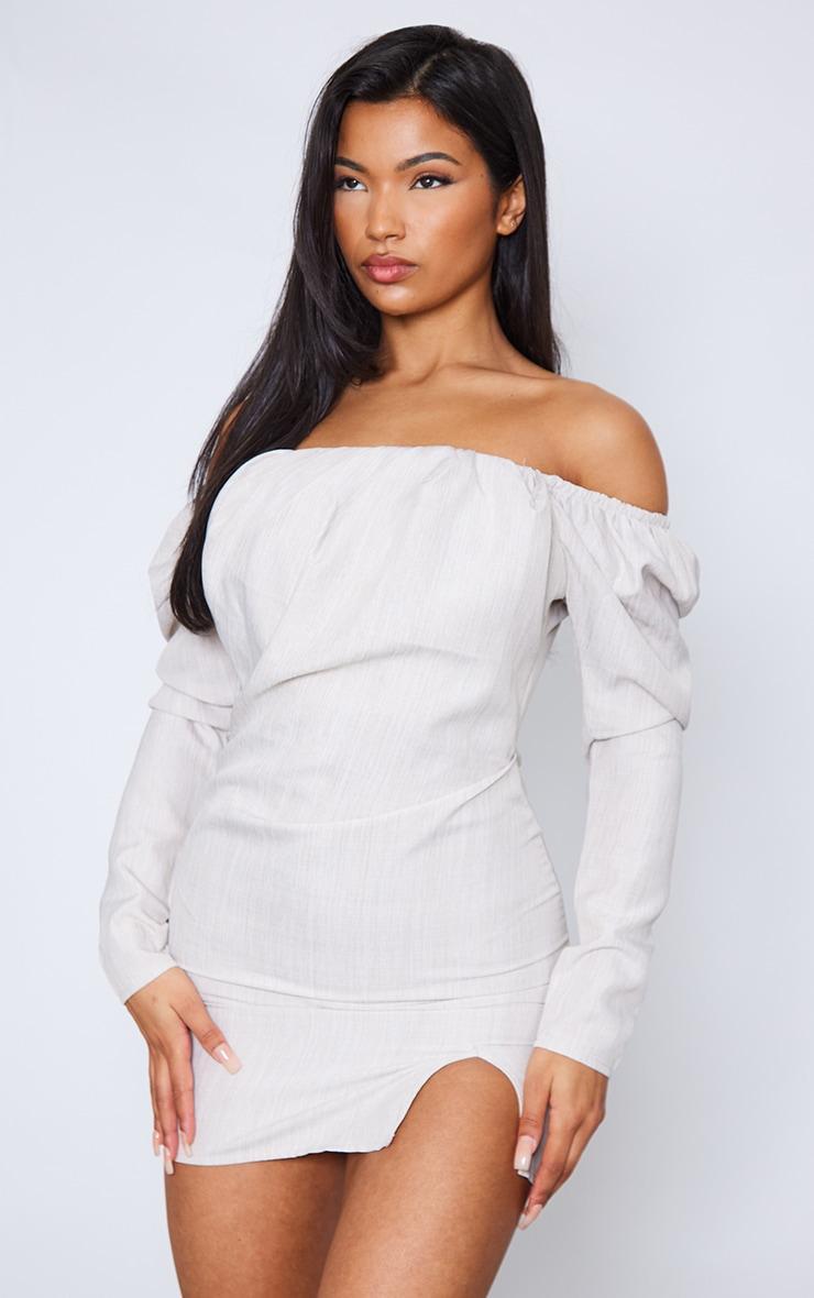  Stone Boned Linen Look Pleat Detail Bardot Bodycon Dress product image