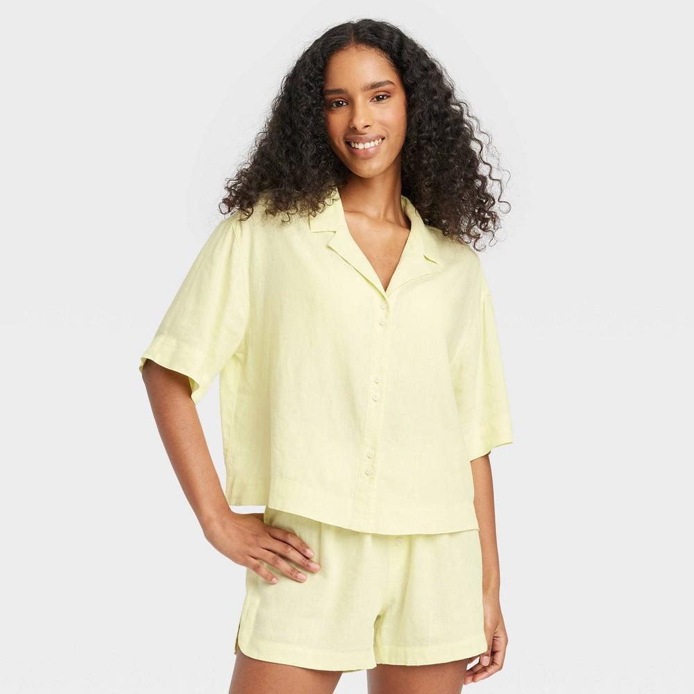 Womens Linen Blend Button-Up Pajama Top - Stars Above Yellow XS Product Image