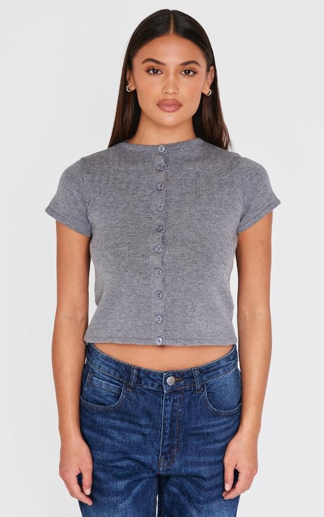 Charcoal Soft Knit Button Up Basic Top Product Image