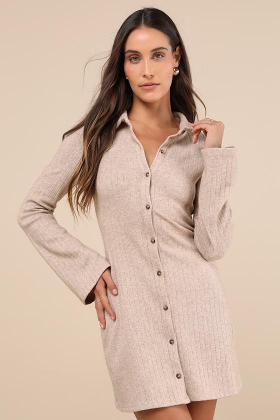 Cuddly Sweetness Heather Beige Button-Front Sweater Mini Dress Product Image