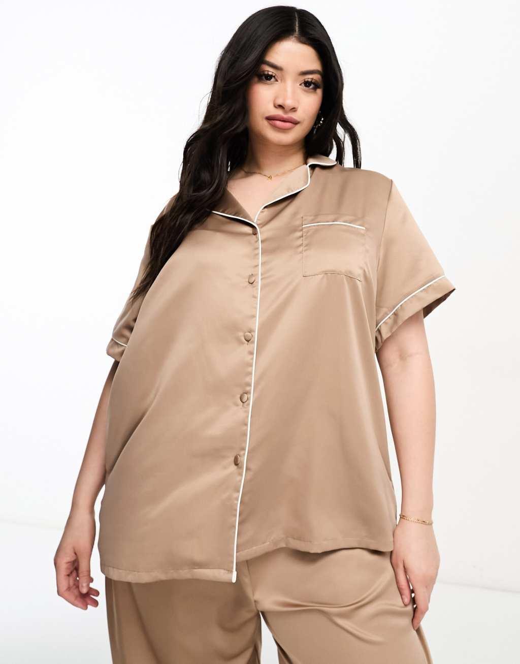 Loungeable Curve bridesmaid satin short sleeve camp collar shirt and pants Product Image