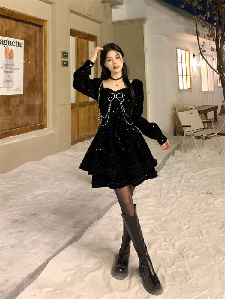 Long-Sleeve Bow Rhinestone Ruffle Trim Velvet A-Line Dress Product Image