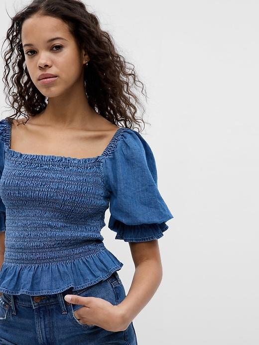 Puff Sleeve Denim Smocked Peplum Top Product Image