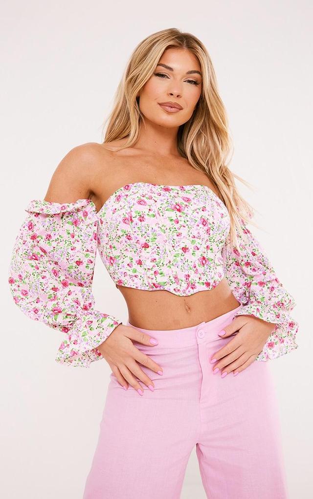 Pink Floral Boned Bardot Crop Top Product Image