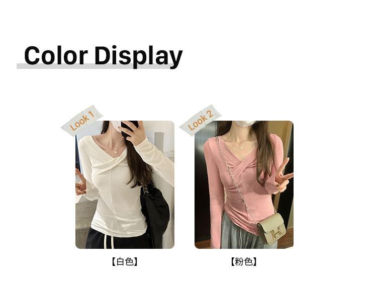 Long-Sleeve V-Neck Plain Knot T-Shirt Product Image