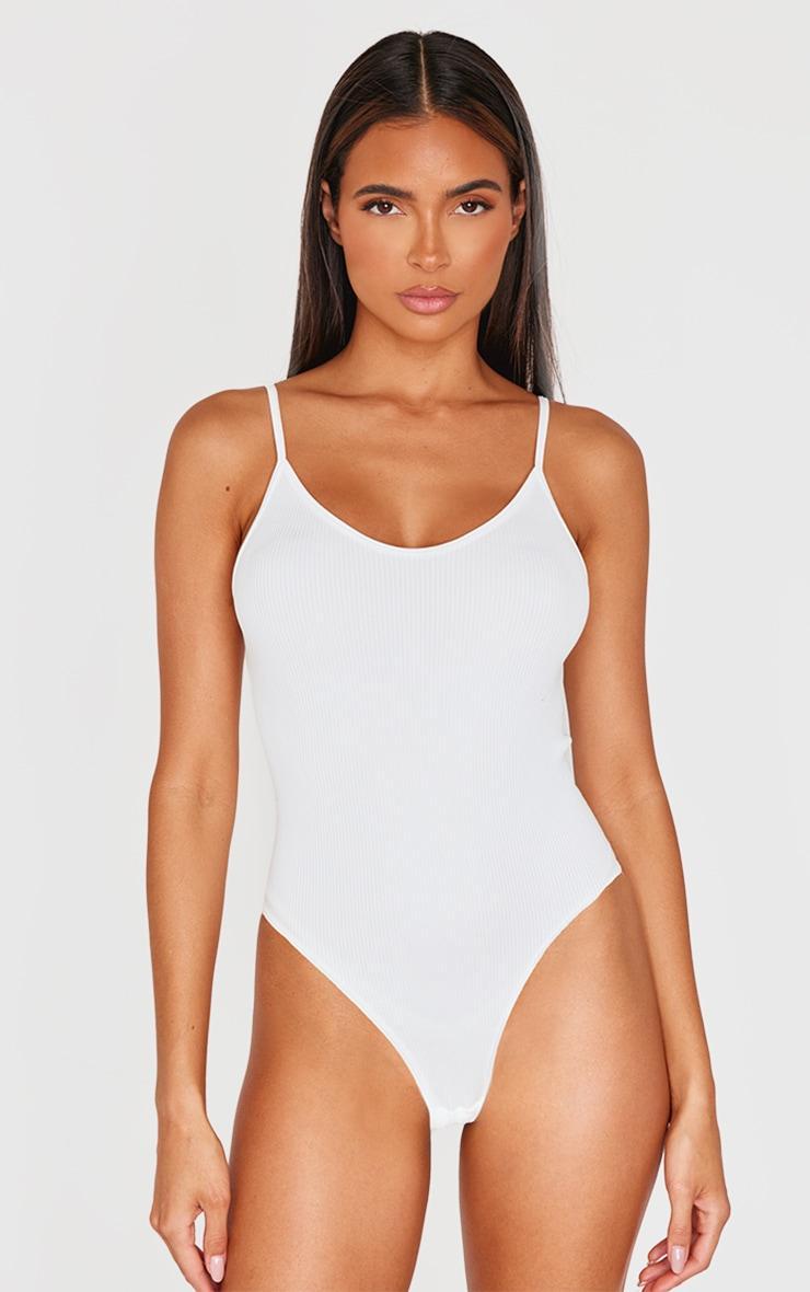 White Snatched Rib Strappy Bodysuit Product Image