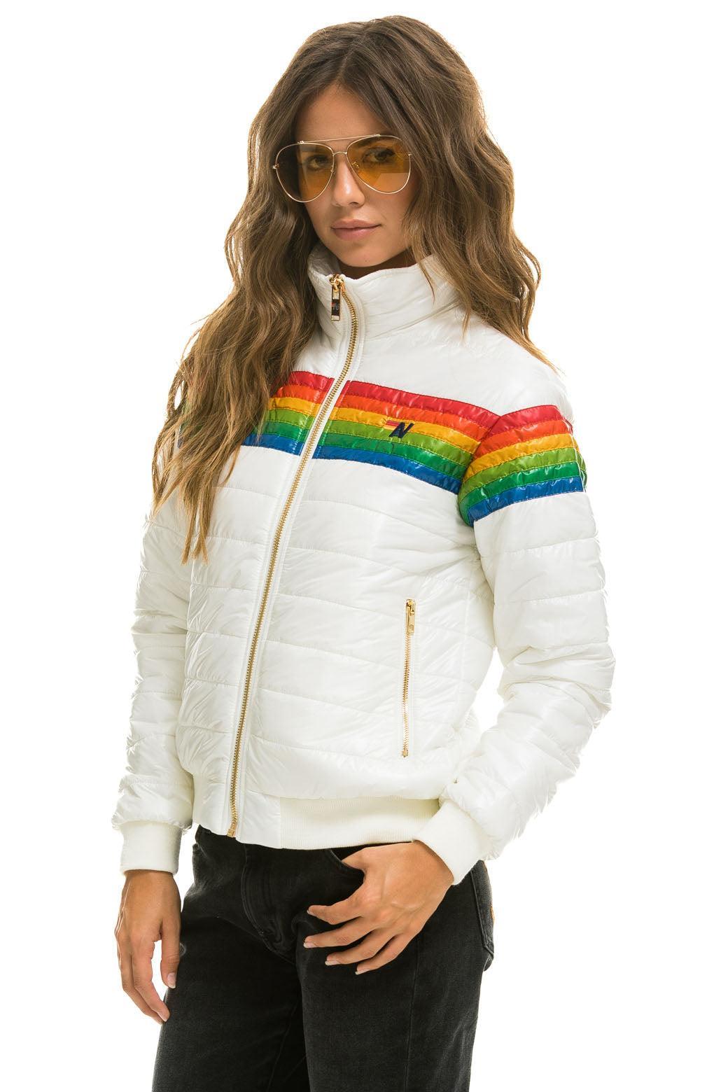 6 STRIPE RAINBOW SLEEVE JACKET -  GLOSSY WHITE Female Product Image