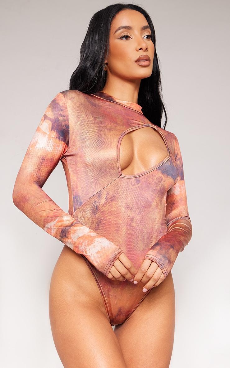  Brown Slinky Printed Cut Out Bodysuit Product Image