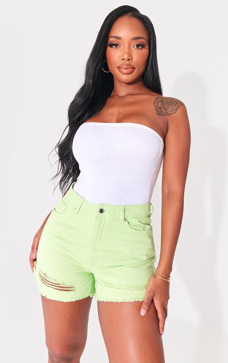 PRETTYLITTLETHING Shape Washed Green Ripped Denim Shorts Product Image