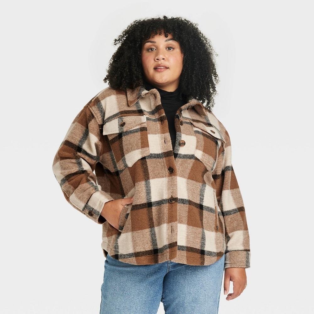 Womens Utility Shacket - Ava & Viv Tan Plaid 4X Product Image