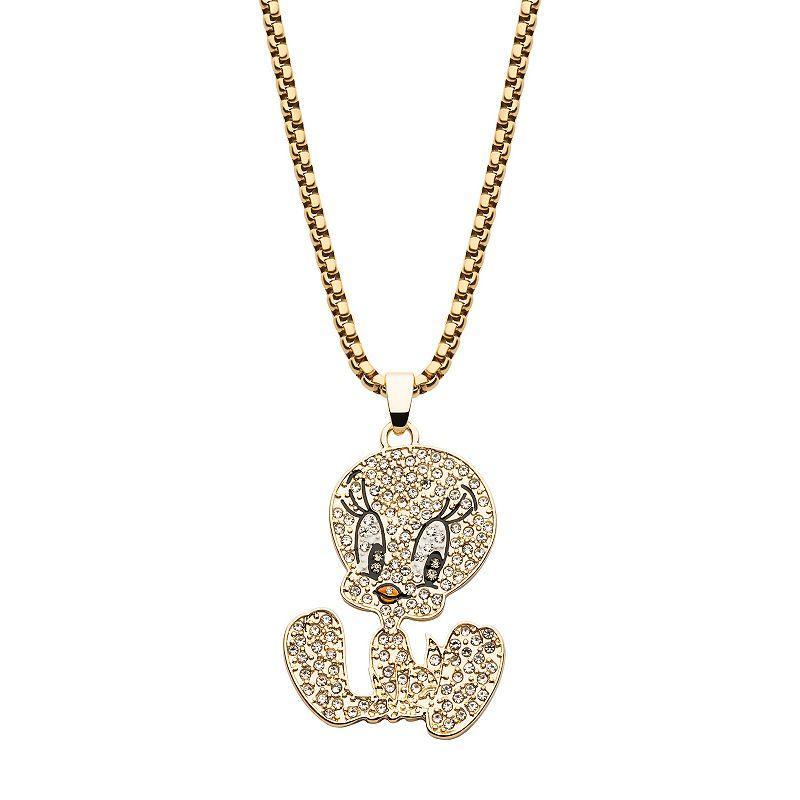 Tweety Bird Gold Plated Gemmed Pendant Necklace, Mens Gold Tone Clear Product Image