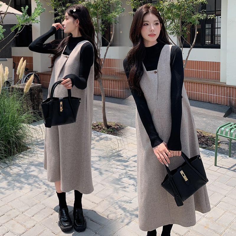 Maternity Long-Sleeve Mock Neck Plain Knit Top / Sleeveless Midi Pinafore Dress / Set Product Image