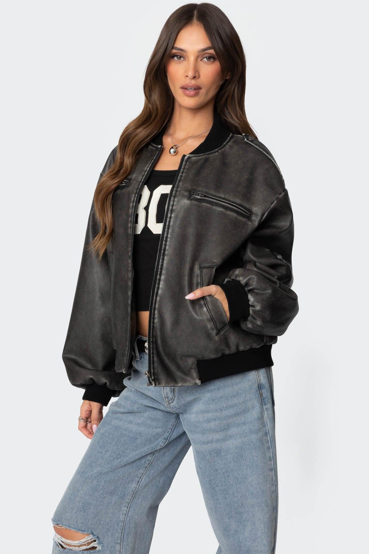 Vava Washed Faux Leather Bomber Jacket Product Image