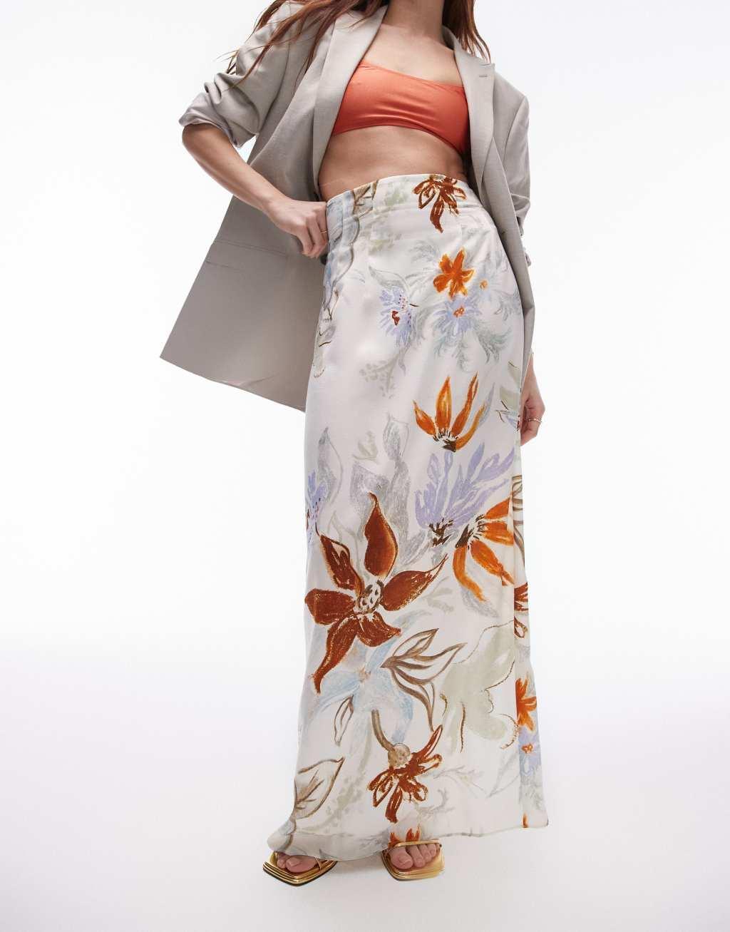 Topshop super high waist maxi skirt in multi tropical floral print  Product Image