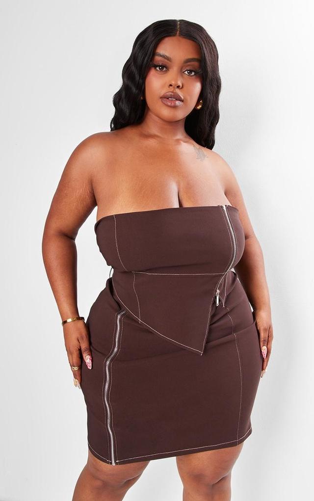 Plus Chocolate Asymmetric Seam Detail Zip Up Corset Bodycon Dress Product Image