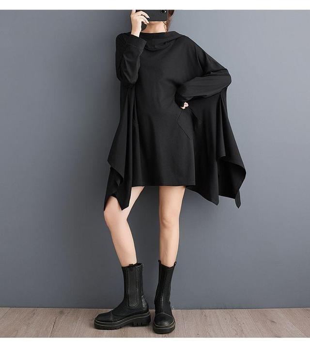 Plain Asymmetrical A-Line Hoodie Dress Product Image