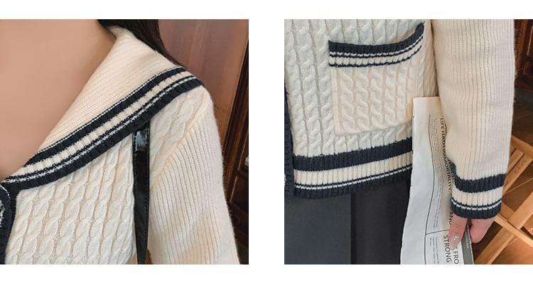 Sailor Collar Striped Cable Knit Cardigan Product Image