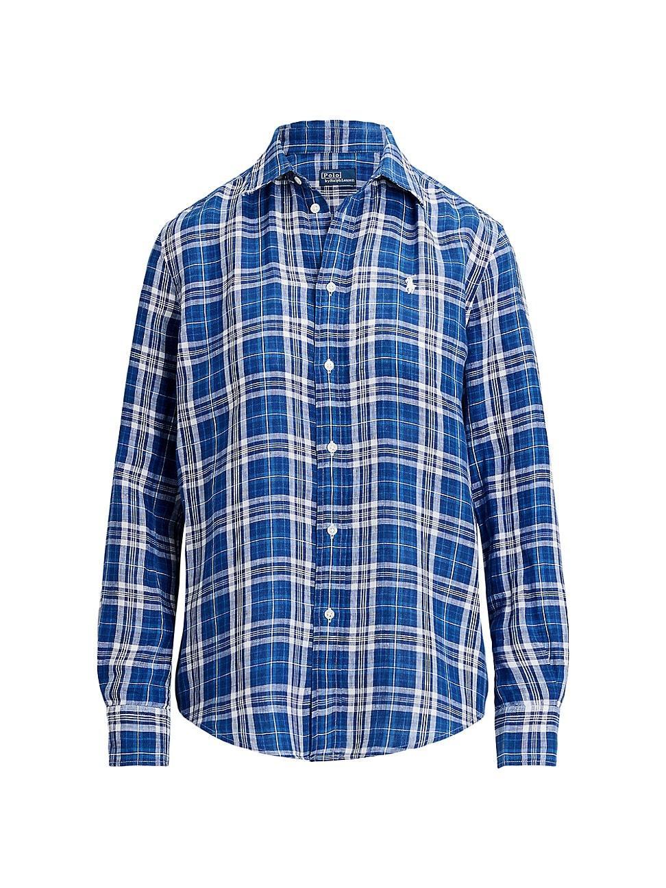 Womens Plaid Linen Button-Front Shirt Product Image