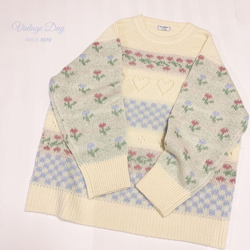 Crew Neck Checkerboard Floral Jacquard Sweater Product Image