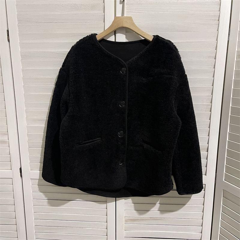 Round Neck Plain Fleece Button Jacket product image