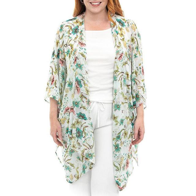 Womens Nina Leonard Floral Open-Front Kimono, Blue Product Image