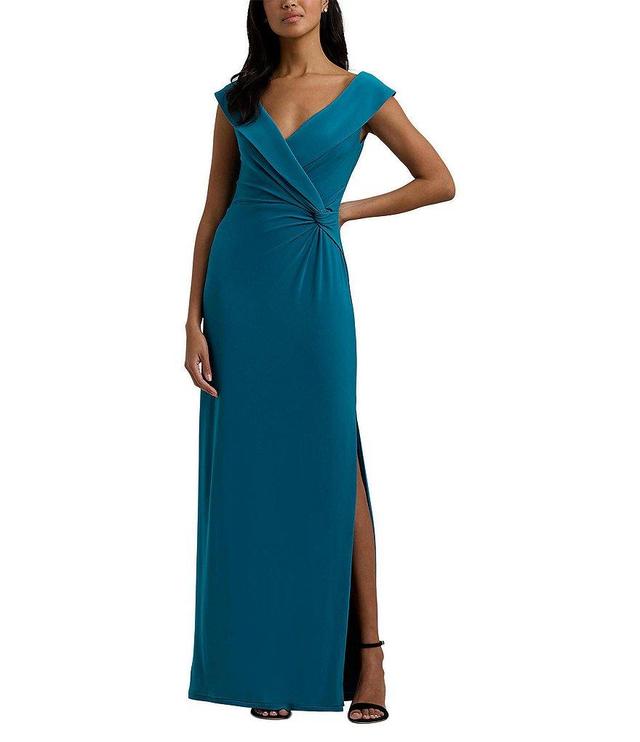 Lauren Ralph Lauren Jersey Surplice V-Neck Cap Sleeve Twist Side Slit Gown Product Image