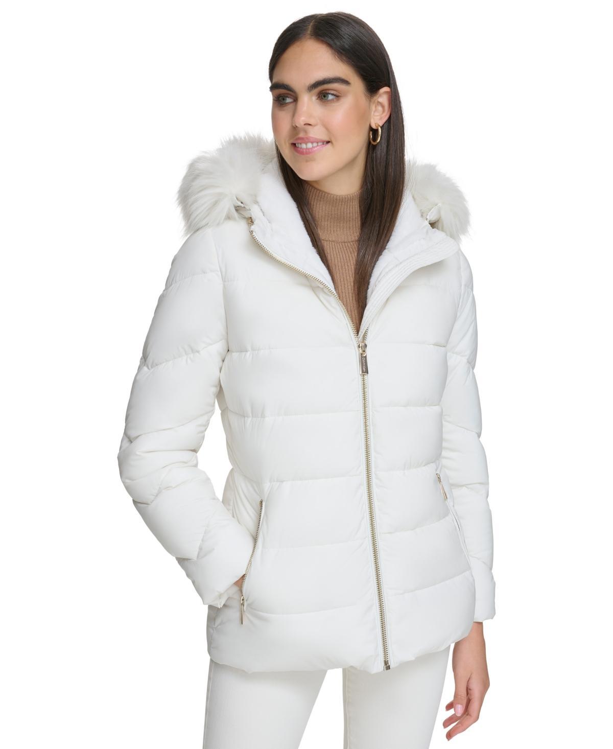 Calvin Klein Womens Stretch Faux-Fur-Trim Hooded Puffer Coat Product Image