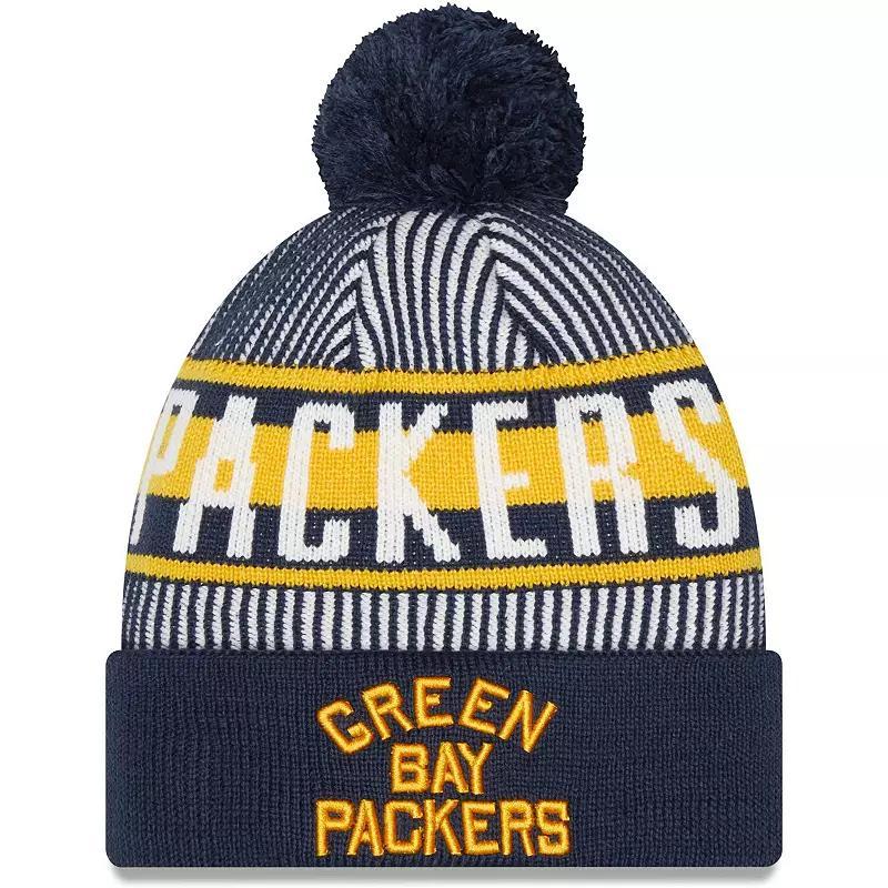 Mens New Era Navy Green Bay Packers Striped Cuffed Knit Hat with Pom Product Image