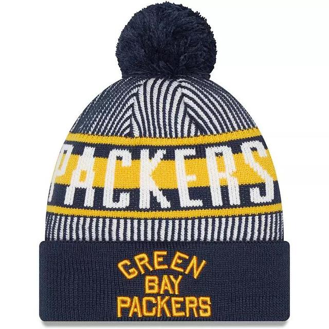 Mens New Era Green Bay Packers Striped Cuffed Knit Hat with Pom, Blue Product Image