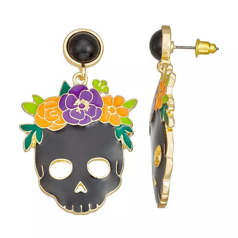 Celebrate Together Halloween Gold Tone Skull with Flower Crown Drop Earrings, Womens, Black Product Image