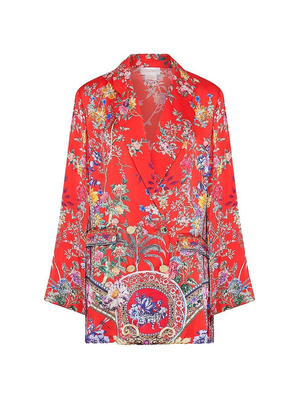 Womens Double-Breasted Floral Silk Jacket Product Image