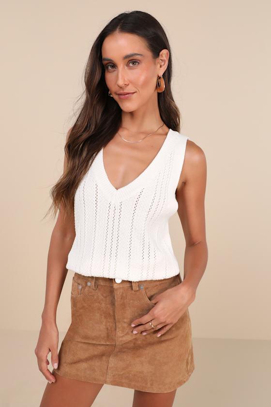 Classic Option White V-Neck Pointelle Knit Tank Top Product Image