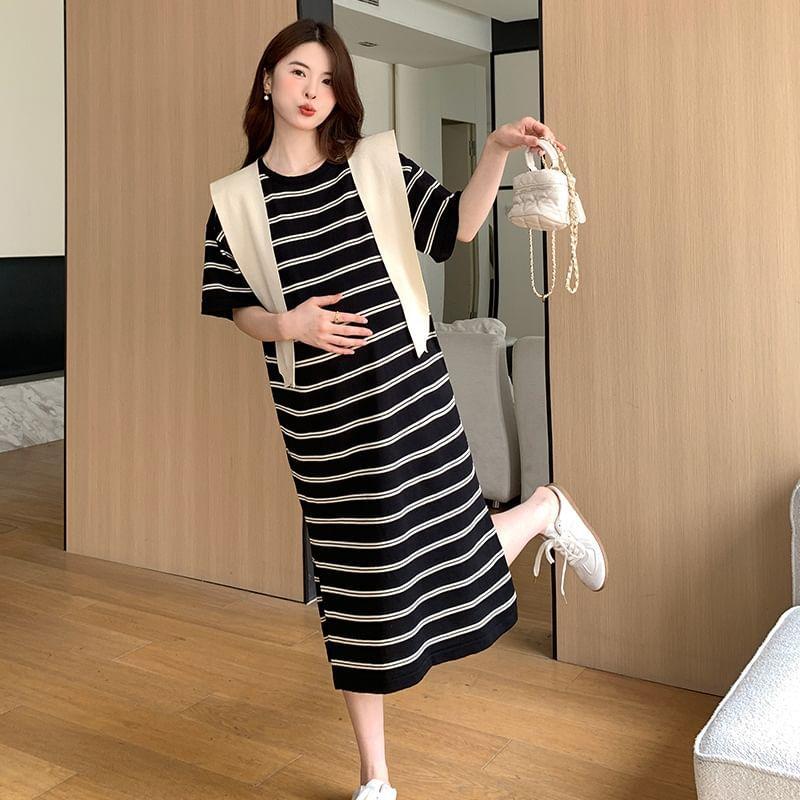 Maternity Set: Short-Sleeve Crew Neck Striped Midi T-Shirt Dress + Shawl (Various Designs) Product Image