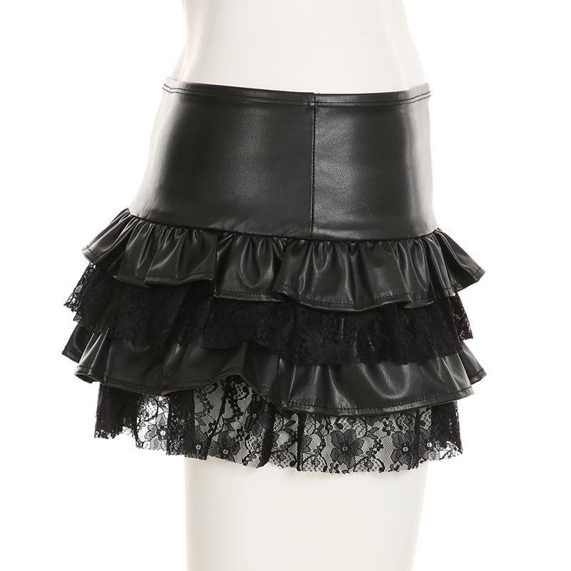 Faux Leather Low Waist Mini Tiered Skirt Product Image