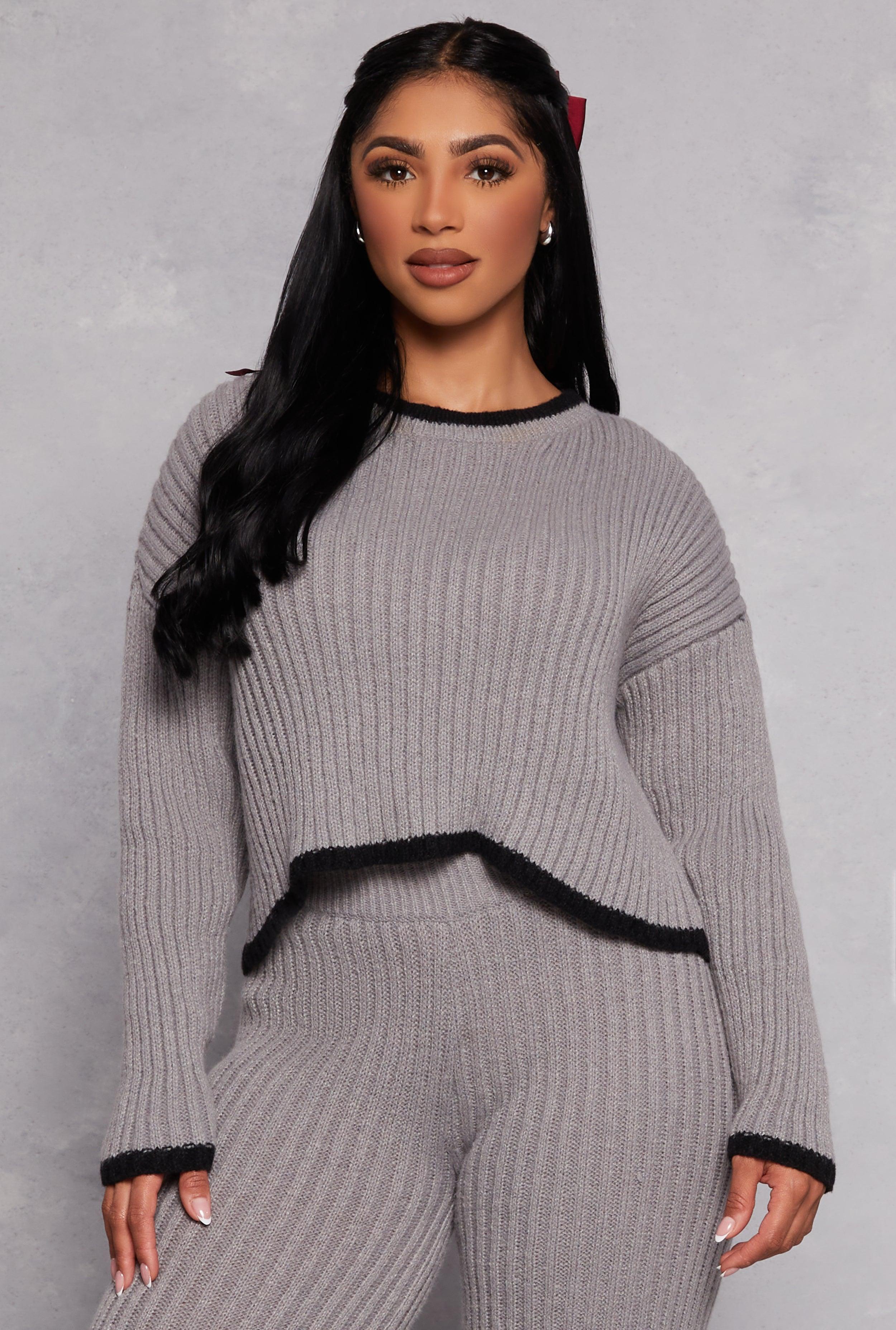 Womens Ribbed Contrast Trim Long Sleeve Sweater Product Image