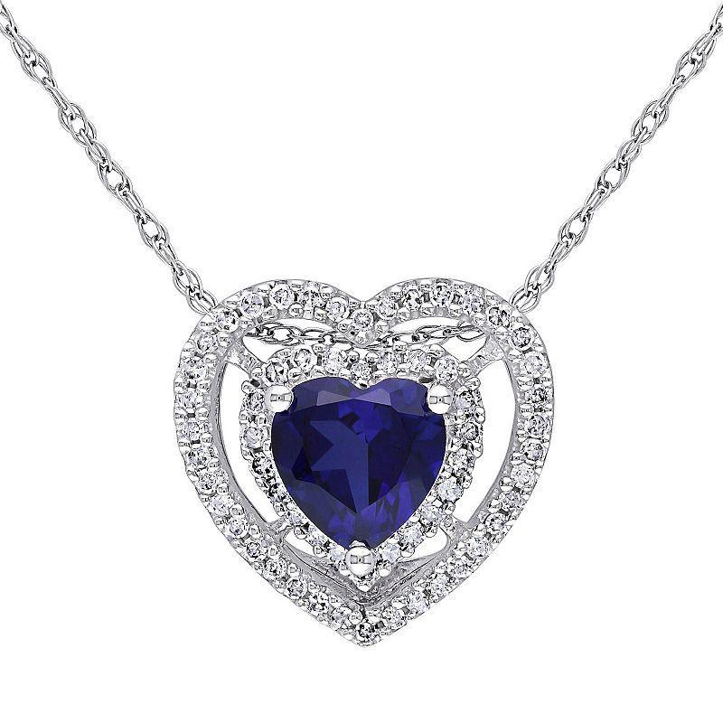 Stella Grace 10k White Gold 1/5 Carat T.W. Diamond & Lab-Created Sapphire Heart Pendant Necklace, Womens Blue Product Image