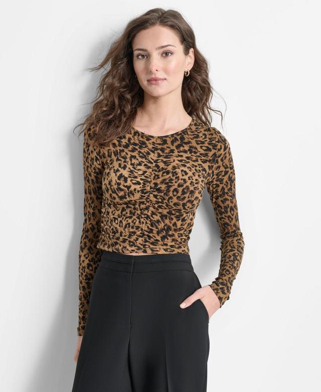 Dkny Womens Animal-Print Ruched Crewneck Long-Sleeve Top Product Image