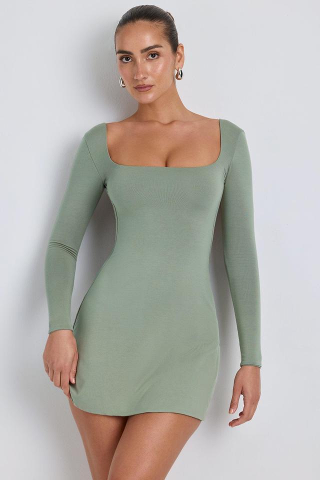 Modal Square Neck Long Sleeve Mini Dress in Sage Green Female Product Image