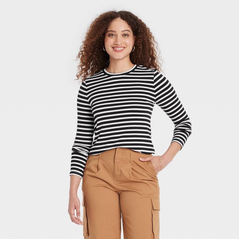 Womens Long Sleeve Brushed Knit T-Shirt - A New Day Striped L Product Image