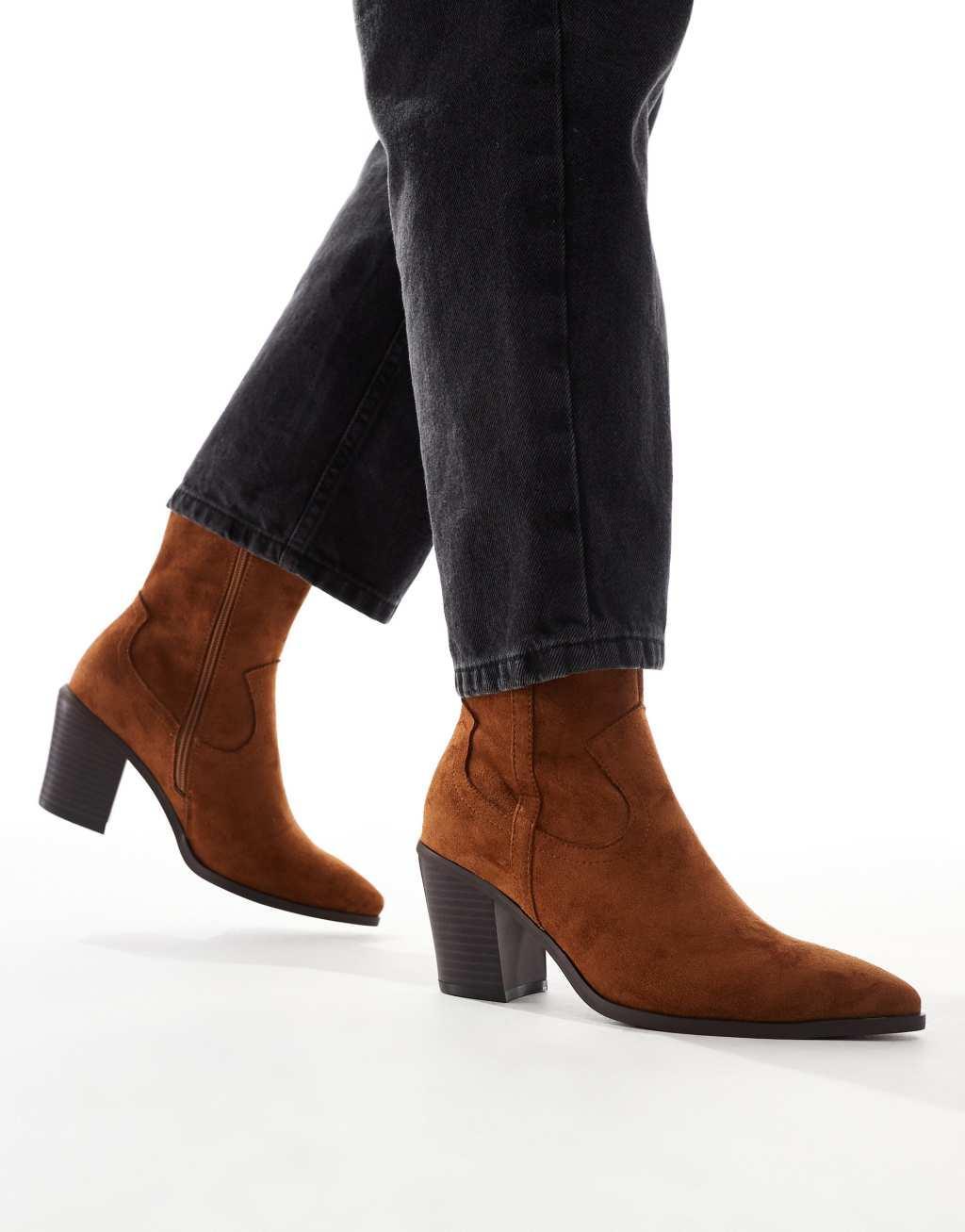 ASOS DESIGN Rational heeled western boots in brown Product Image