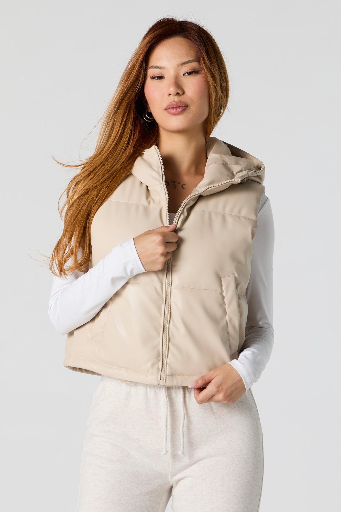 Faux Leather Hooded Puffer Vest Female Product Image