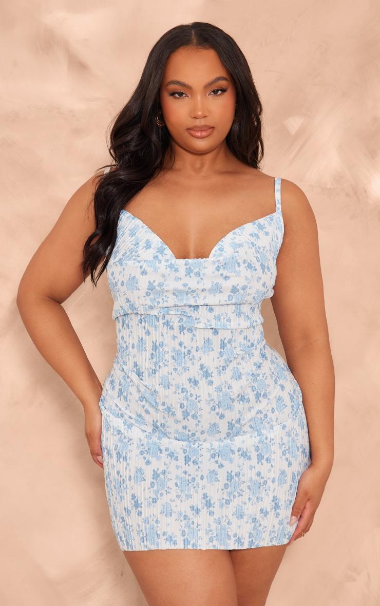 Plus Blue Floral Printed Plisse Cowl Neck Bodycon Dress Product Image